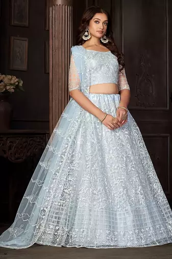 Embroidered Net Semi-Stitched Lehenga & Unstitched Blouse With Dupatta