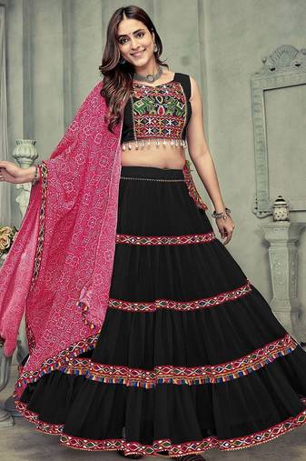 Embroidered Thread Work Semi-Stitched Lehenga & Unstitched Blouse With Dupatta