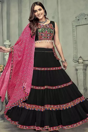 Embroidered Thread Work Semi-Stitched Lehenga & Unstitched Blouse With Dupatta