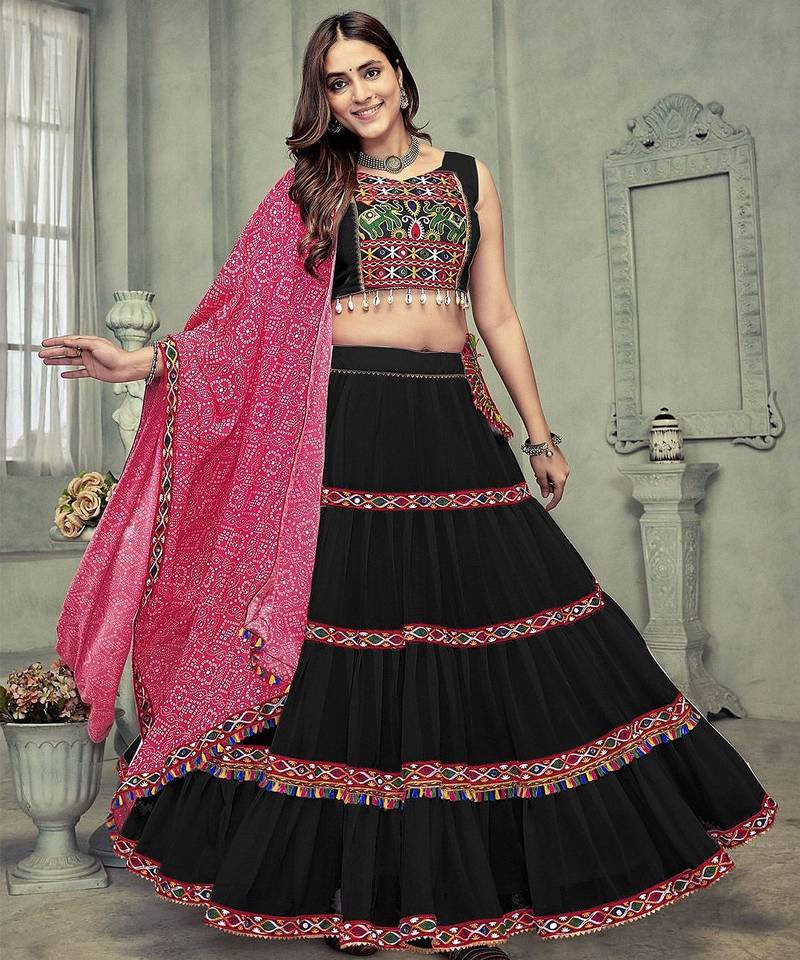 Embroidered Thread Work Semi-Stitched Lehenga & Unstitched Blouse With Dupatta