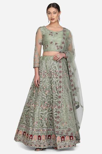 Sea Green & Red Embroidered Beads and Stones Semi-Stitched Lehenga & Unstitched Blouse With