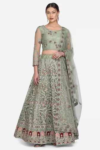 Sea Green & Red Embroidered Beads and Stones Semi-Stitched Lehenga & Unstitched Blouse With