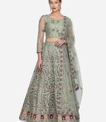 Sea Green & Red Embroidered Beads and Stones Semi-Stitched Lehenga & Unstitched Blouse With