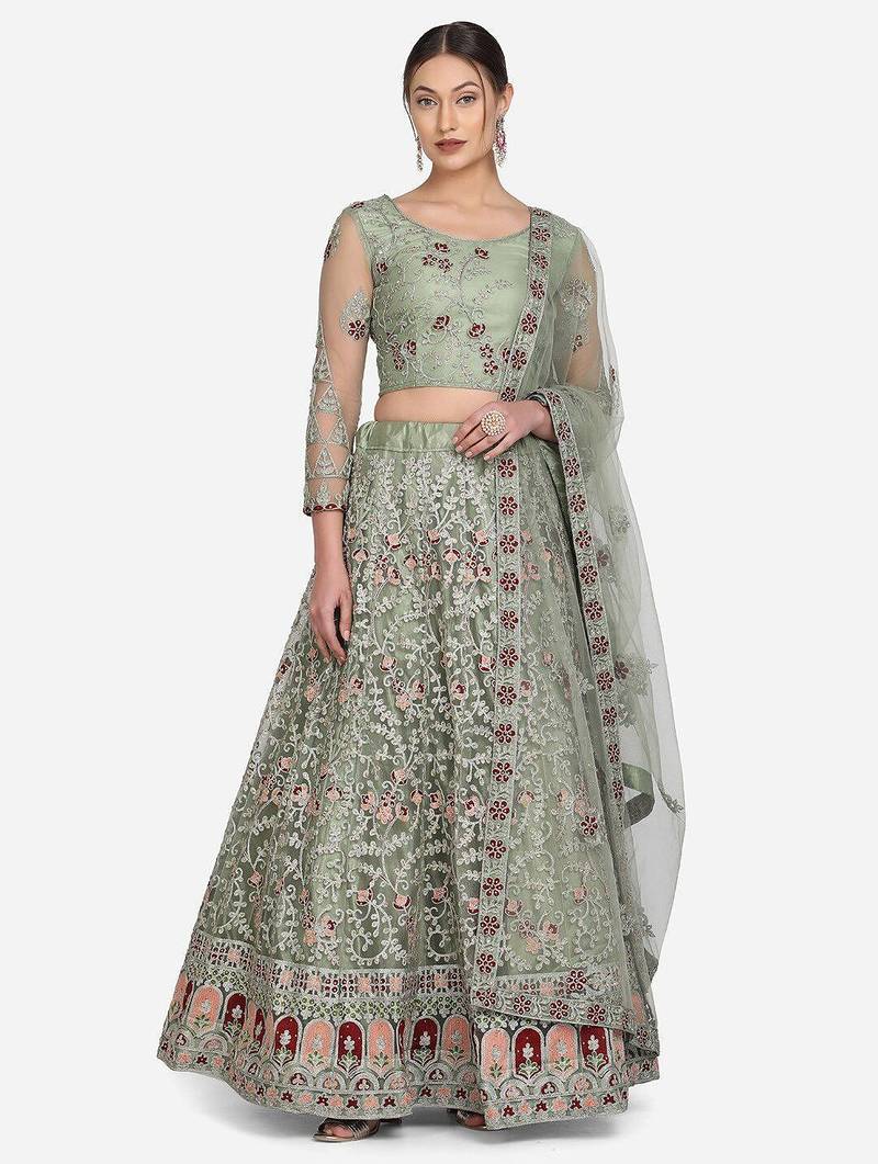 Sea Green & Red Embroidered Beads and Stones Semi-Stitched Lehenga & Unstitched Blouse With