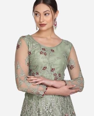 Sea Green & Red Embroidered Beads and Stones Semi-Stitched Lehenga & Unstitched Blouse With 2
