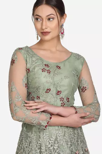 Sea Green & Red Embroidered Beads and Stones Semi-Stitched Lehenga & Unstitched Blouse With