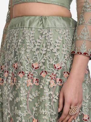 Sea Green & Red Embroidered Beads and Stones Semi-Stitched Lehenga & Unstitched Blouse With 3