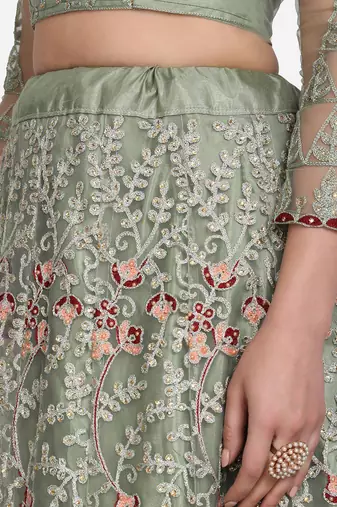 Sea Green & Red Embroidered Beads and Stones Semi-Stitched Lehenga & Unstitched Blouse With