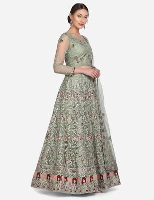 Sea Green & Red Embroidered Beads and Stones Semi-Stitched Lehenga & Unstitched Blouse With 4