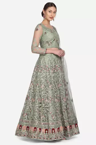 Sea Green & Red Embroidered Beads and Stones Semi-Stitched Lehenga & Unstitched Blouse With