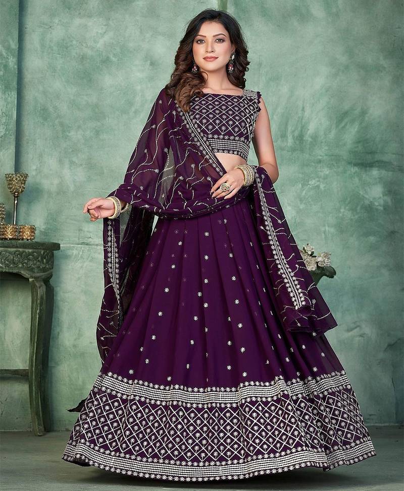 Embroidered Sequinned Semi-Stitched Lehenga & Unstitched Blouse With Dupatta