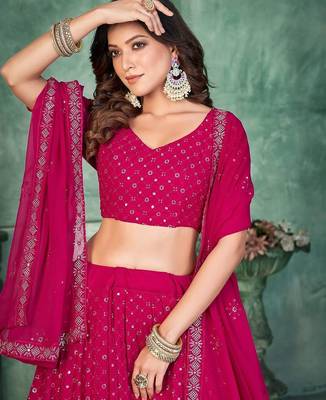 Embroidered Sequinned Semi-Stitched Lehenga & Unstitched Blouse With Dupatta 2