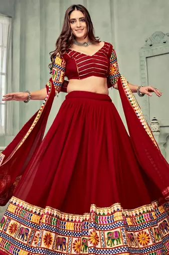 Embroidered Mirror Work Semi-Stitched Lehenga & Unstitched Blouse With Dupatta