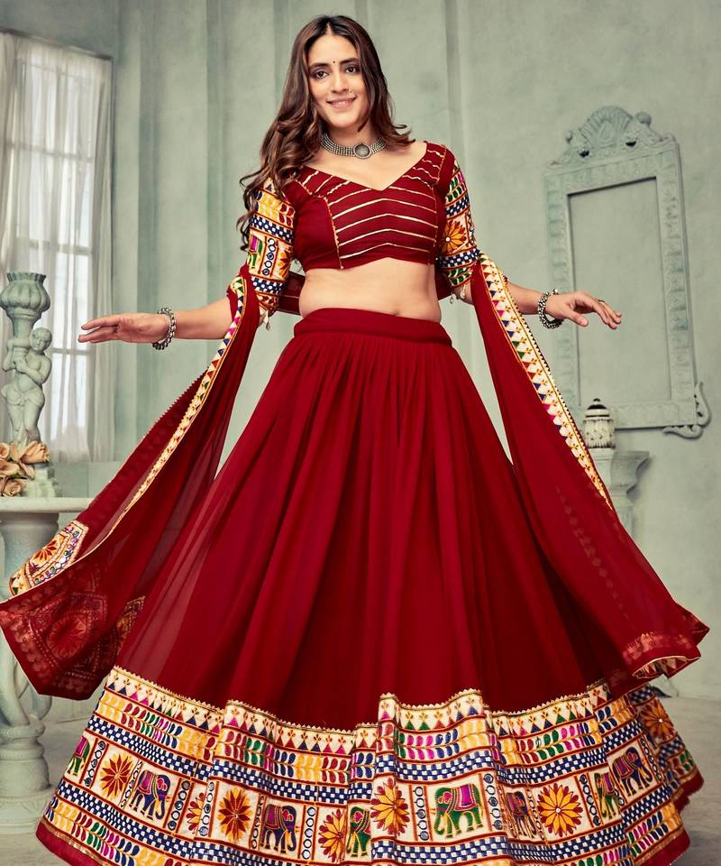 Embroidered Mirror Work Semi-Stitched Lehenga & Unstitched Blouse With Dupatta
