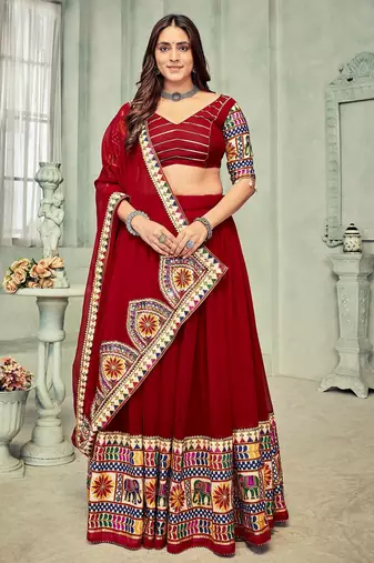 Embroidered Mirror Work Semi-Stitched Lehenga & Unstitched Blouse With Dupatta