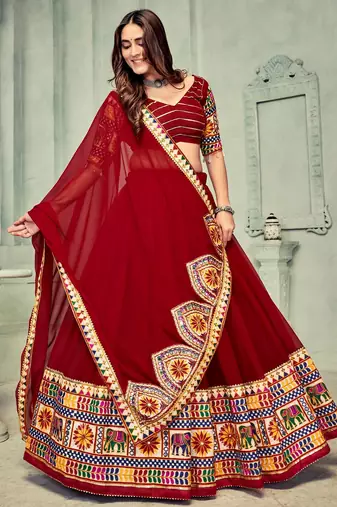 Embroidered Mirror Work Semi-Stitched Lehenga & Unstitched Blouse With Dupatta