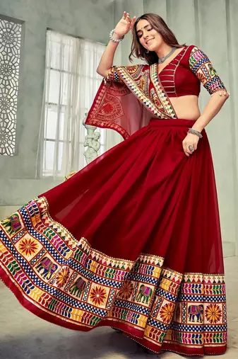 Embroidered Mirror Work Semi-Stitched Lehenga & Unstitched Blouse With Dupatta