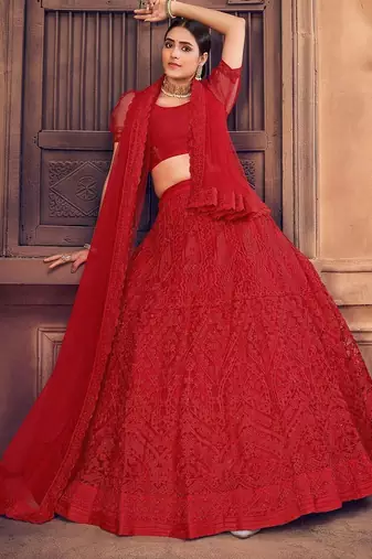 Embroidered Thread Work Semi-Stitched Lehenga & Unstitched Blouse With Dupatta