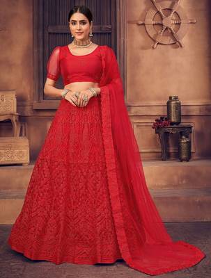 Embroidered Thread Work Semi-Stitched Lehenga & Unstitched Blouse With Dupatta 2