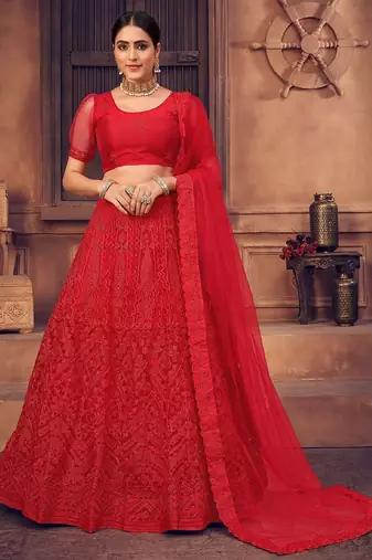 Embroidered Thread Work Semi-Stitched Lehenga & Unstitched Blouse With Dupatta