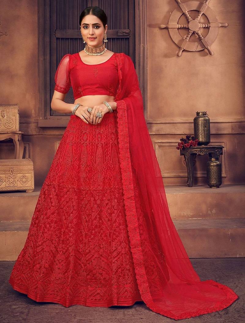 Embroidered Thread Work Semi-Stitched Lehenga & Unstitched Blouse With Dupatta