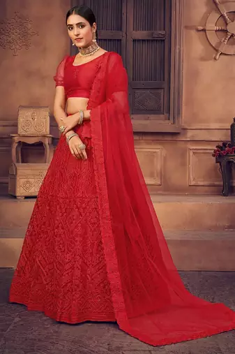 Embroidered Thread Work Semi-Stitched Lehenga & Unstitched Blouse With Dupatta
