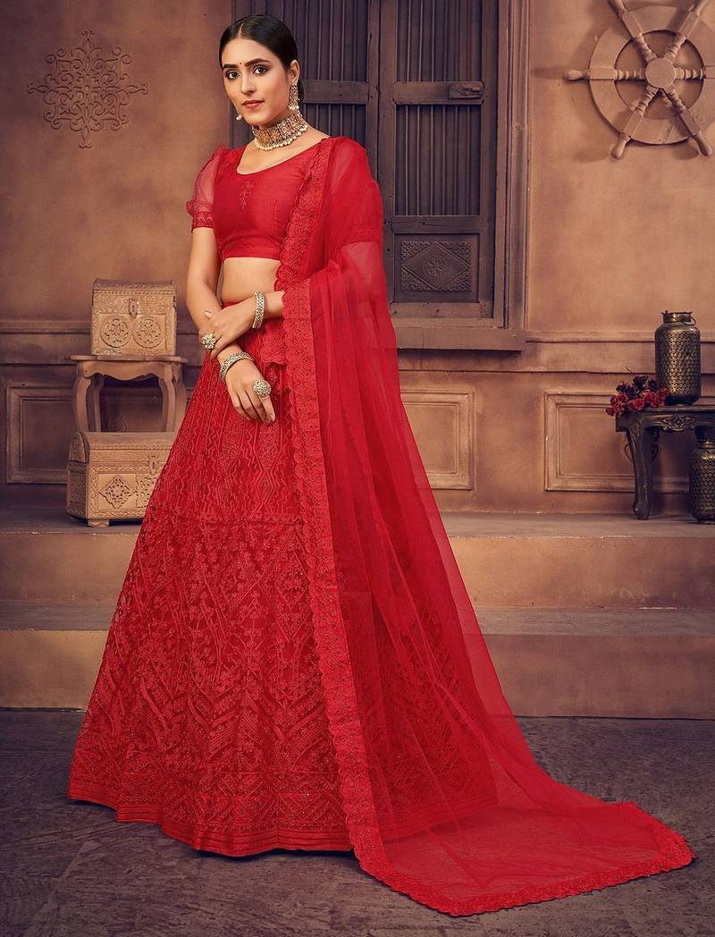 Embroidered Thread Work Semi-Stitched Lehenga & Unstitched Blouse With Dupatta