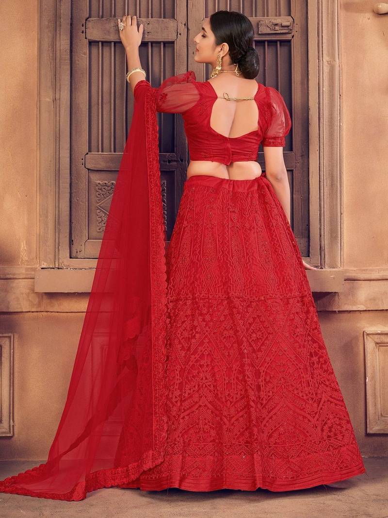 Embroidered Thread Work Semi-Stitched Lehenga & Unstitched Blouse With Dupatta