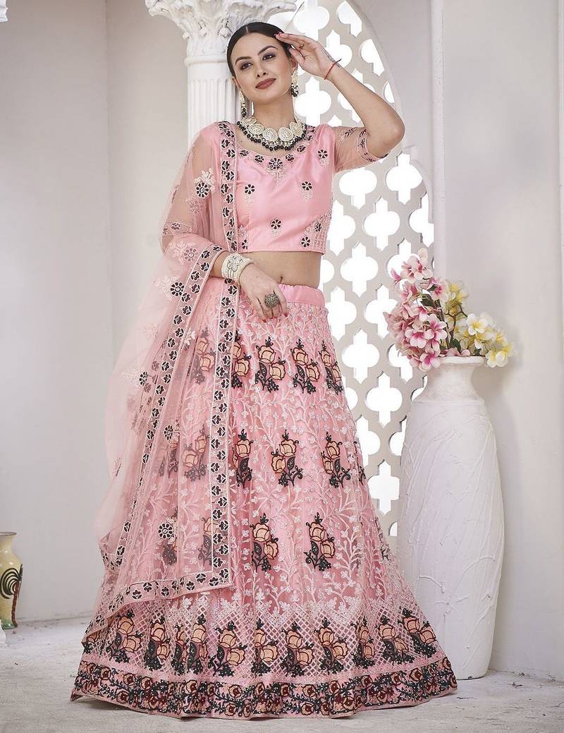 Embroidered Thread Work Semi-Stitched Lehenga & Unstitched Blouse With Dupatta