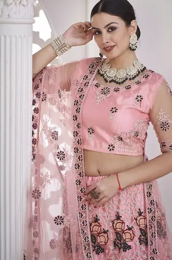 Embroidered Thread Work Semi-Stitched Lehenga & Unstitched Blouse With Dupatta