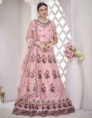 Embroidered Thread Work Semi-Stitched Lehenga & Unstitched Blouse With Dupatta 4