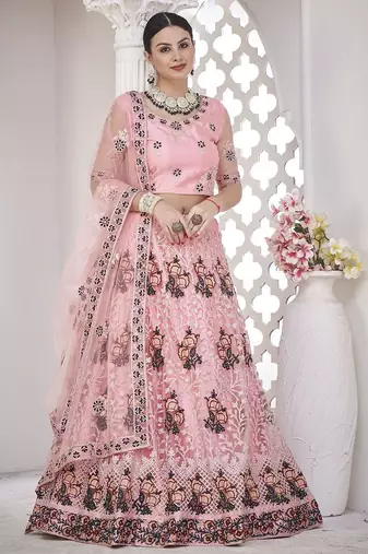 Embroidered Thread Work Semi-Stitched Lehenga & Unstitched Blouse With Dupatta