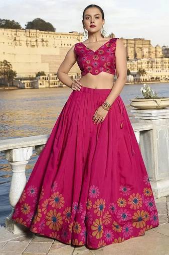 Printed Semi-Stitched Lehenga & Unstitched Blouse With Dupatta
