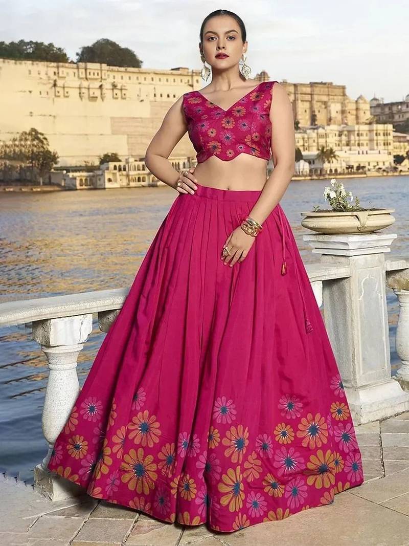 Printed Semi-Stitched Lehenga & Unstitched Blouse With Dupatta