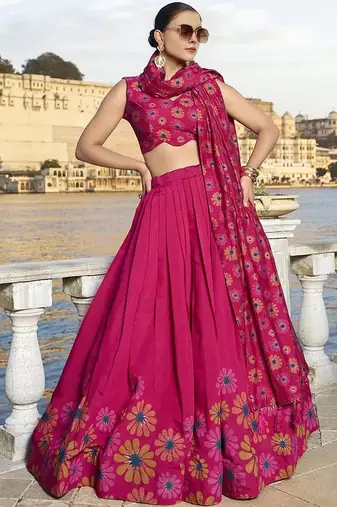 Printed Semi-Stitched Lehenga & Unstitched Blouse With Dupatta