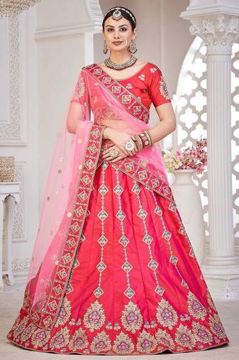 Pink & Gold-Toned Embroidered Semi-Stitched Lehenga & Unstitched Blouse&Dupatta