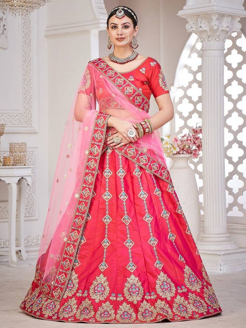 Pink & Gold-Toned Embroidered Semi-Stitched Lehenga & Unstitched Blouse&Dupatta