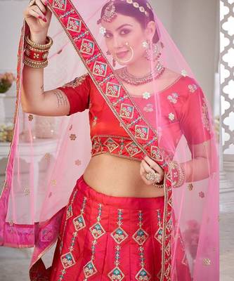 Pink & Gold-Toned Embroidered Semi-Stitched Lehenga & Unstitched Blouse&Dupatta 2