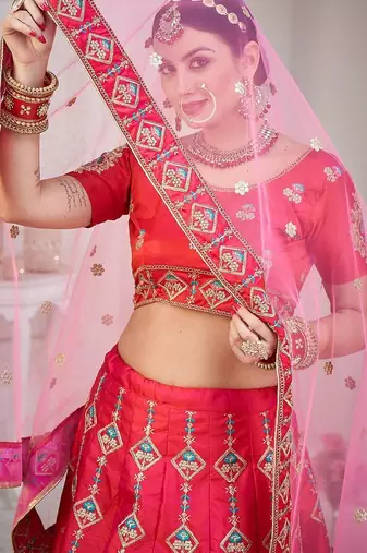 Pink & Gold-Toned Embroidered Semi-Stitched Lehenga & Unstitched Blouse&Dupatta
