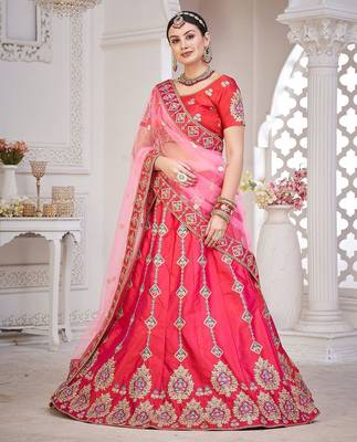 Pink & Gold-Toned Embroidered Semi-Stitched Lehenga & Unstitched Blouse&Dupatta 3