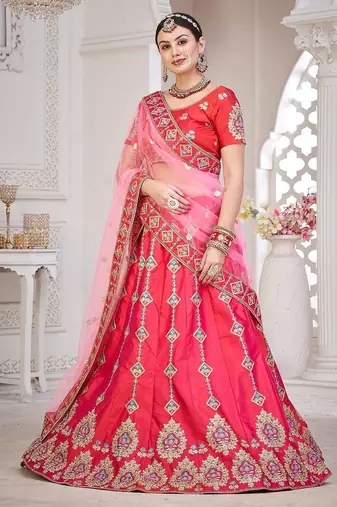 Pink & Gold-Toned Embroidered Semi-Stitched Lehenga & Unstitched Blouse&Dupatta