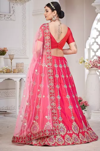 Pink & Gold-Toned Embroidered Semi-Stitched Lehenga & Unstitched Blouse&Dupatta