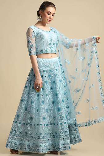 Embroidered Mirror Work Semi-Stitched Lehenga & Unstitched Blouse With Dupatta
