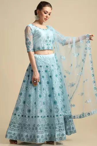 Embroidered Mirror Work Semi-Stitched Lehenga & Unstitched Blouse With Dupatta