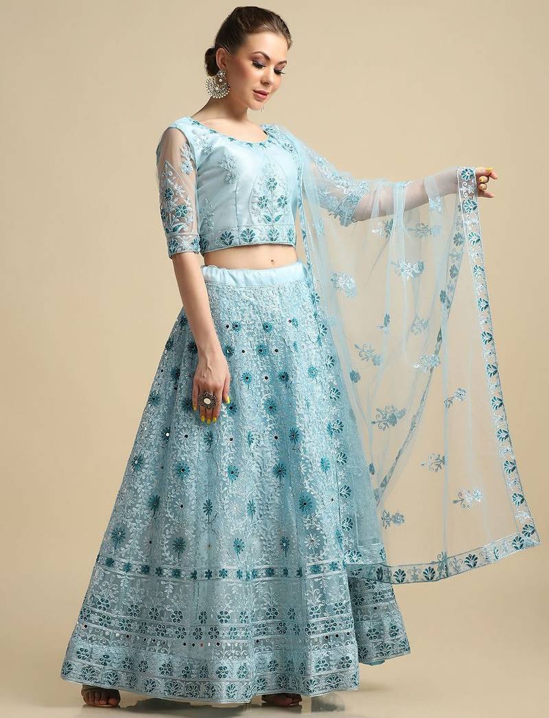Embroidered Mirror Work Semi-Stitched Lehenga & Unstitched Blouse With Dupatta