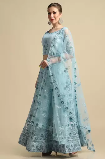 Embroidered Mirror Work Semi-Stitched Lehenga & Unstitched Blouse With Dupatta