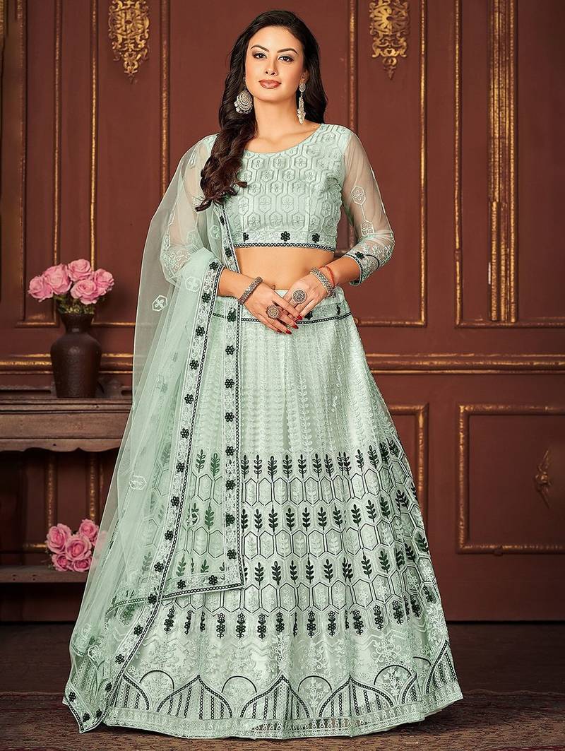Embroidered Thread Work Semi-Stitched Lehenga & Unstitched Blouse With Dupatta