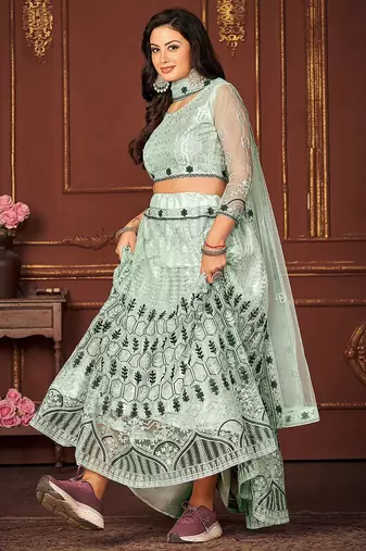 Embroidered Thread Work Semi-Stitched Lehenga & Unstitched Blouse With Dupatta