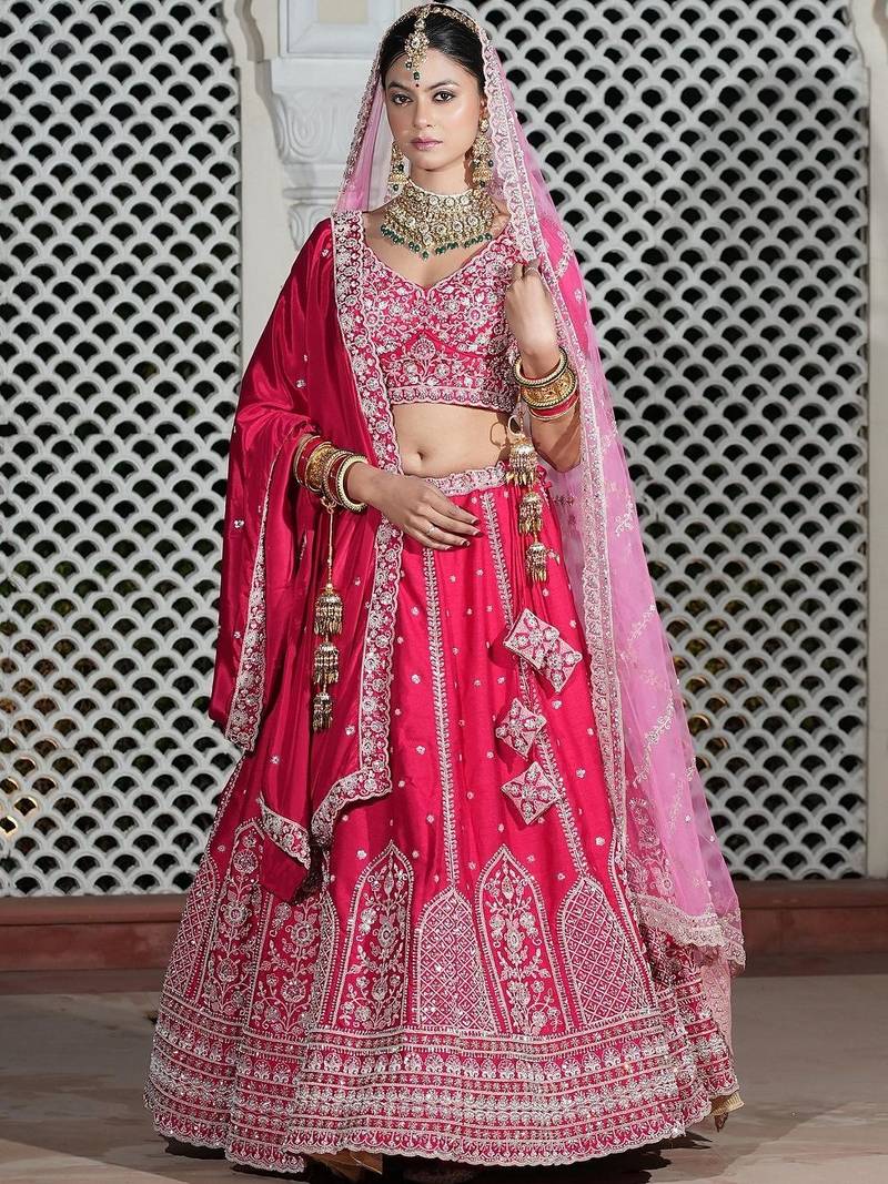 Embroidered Thread Work Semi-Stitched Lehenga & Blouse With Dupatta