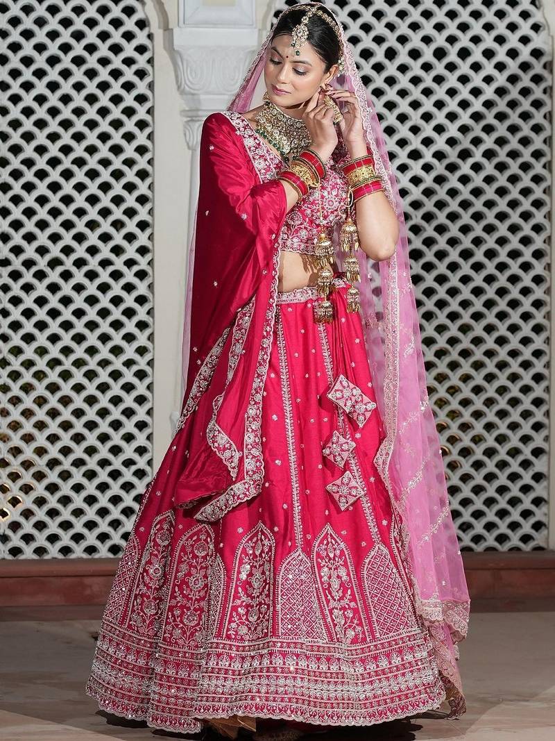 Embroidered Thread Work Semi-Stitched Lehenga & Blouse With Dupatta